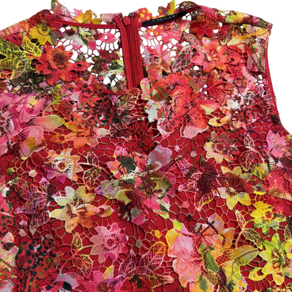 T Tahari Red‎ Floral Lace Sleeveless Shift Dress Womens 6 Scalloped Hem Overlay